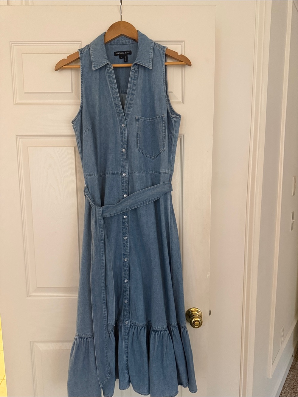 Veronica Beard Chambray Button-Front Sleeveless Maxi Dress in Light Blue